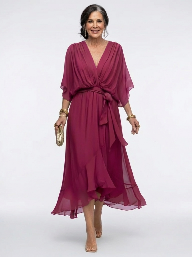 Jade | Vestido midi con cuello en V, cintura drapeada y lazo