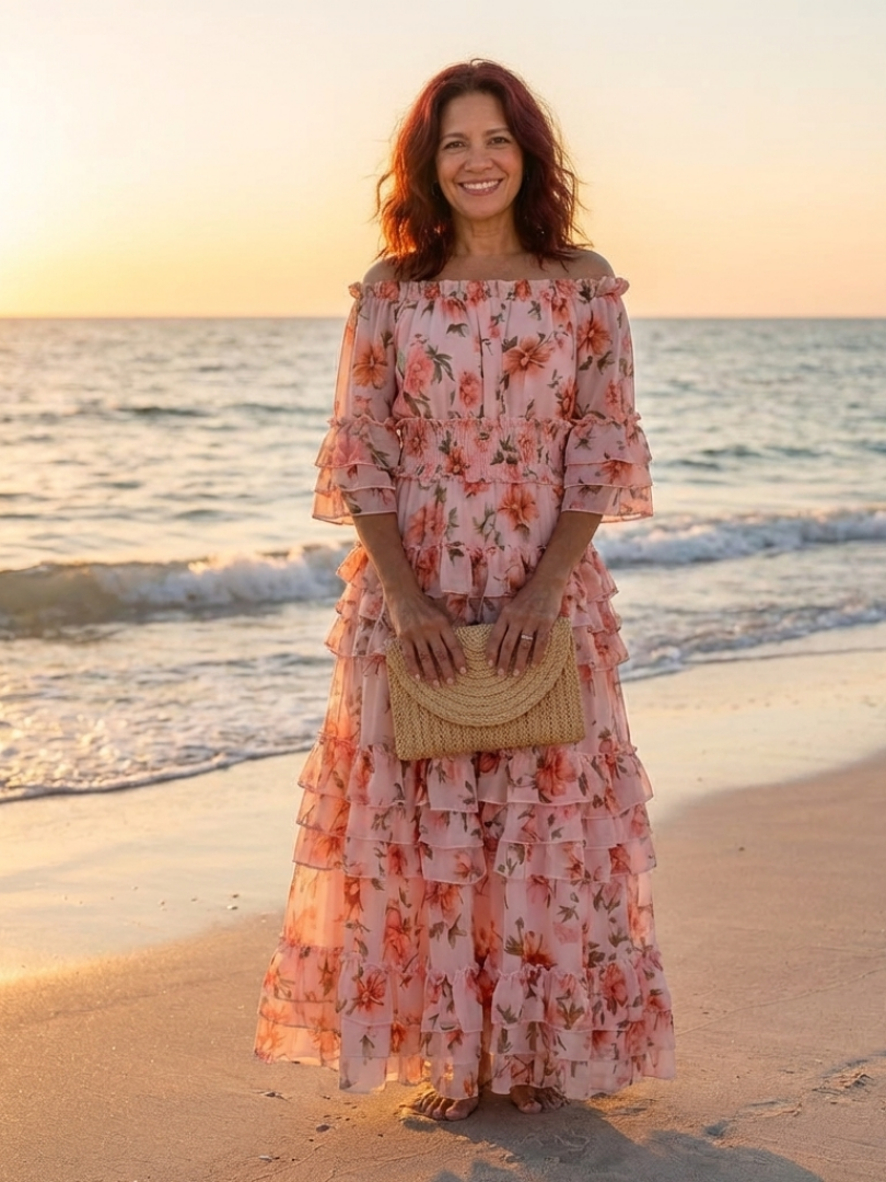 Rosalia | Vestido largo con volantes florales y hombros al aire