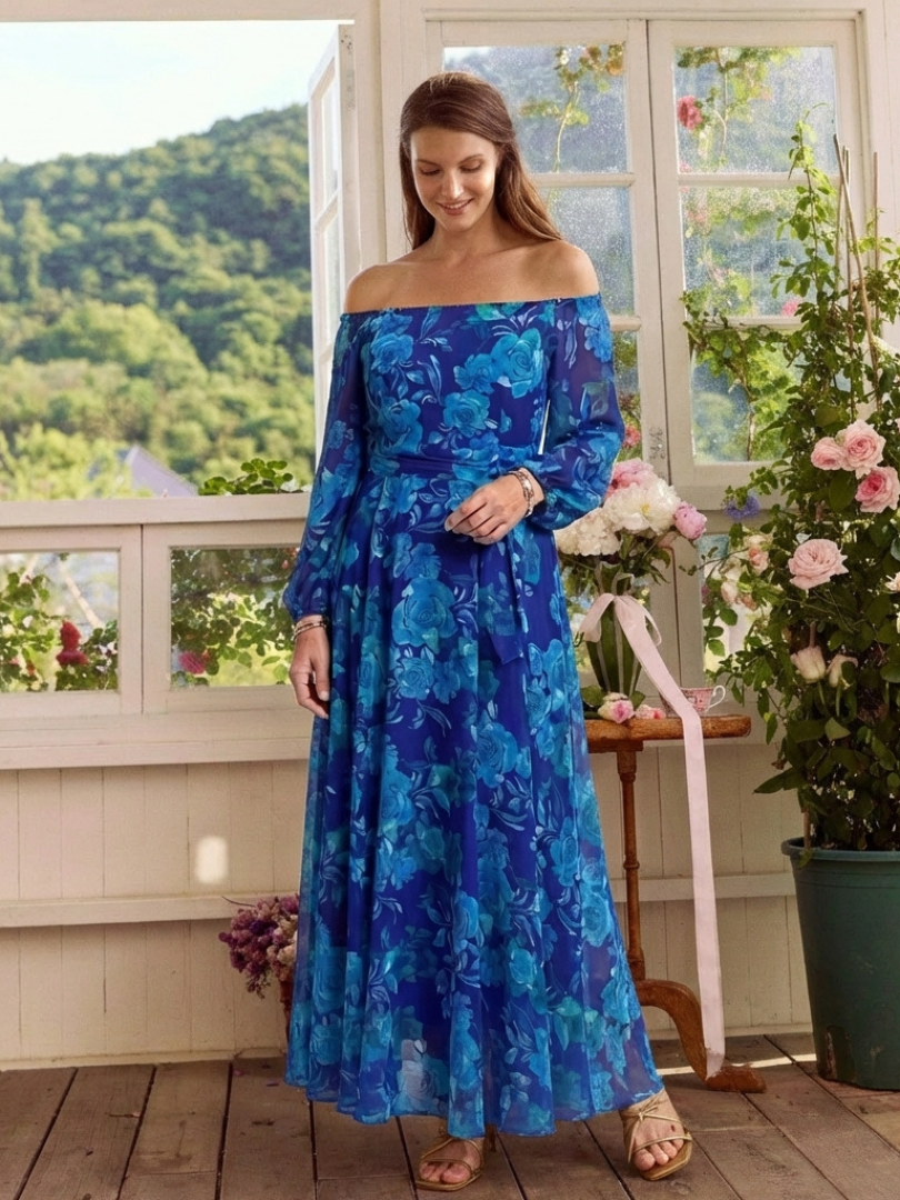 Chloe | Vestido largo floral con hombros al aire