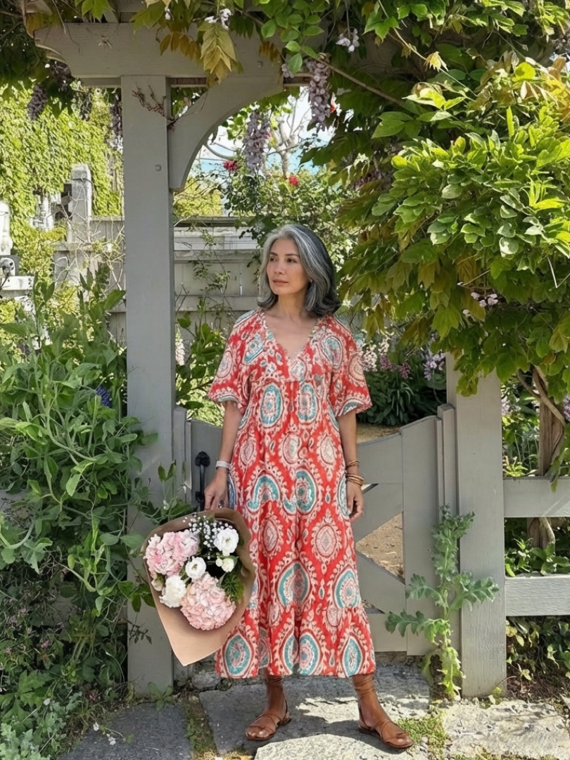 Zoe  | Vestido midi de manga corta con cuello en V y estampado Paisley