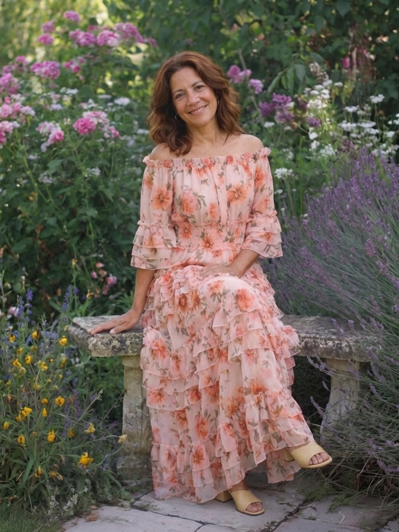 Rosalia | Vestido largo con volantes florales y hombros al aire