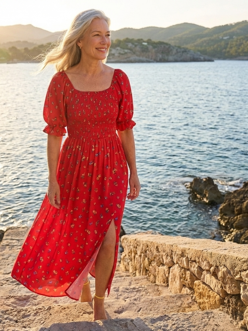 Yasmin | Vestido midi con cuello cuadrado, estampado floral y mangas abullonadas