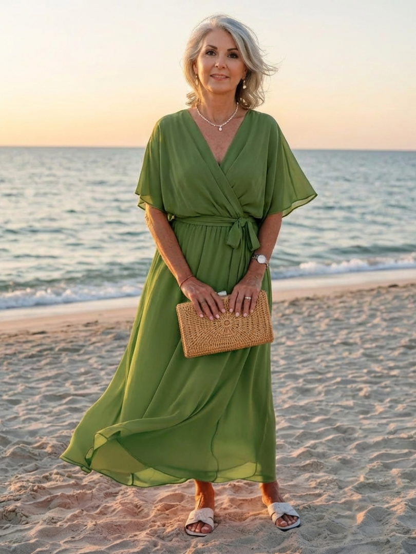 Jade | Vestido midi con cuello en V, cintura drapeada y lazo