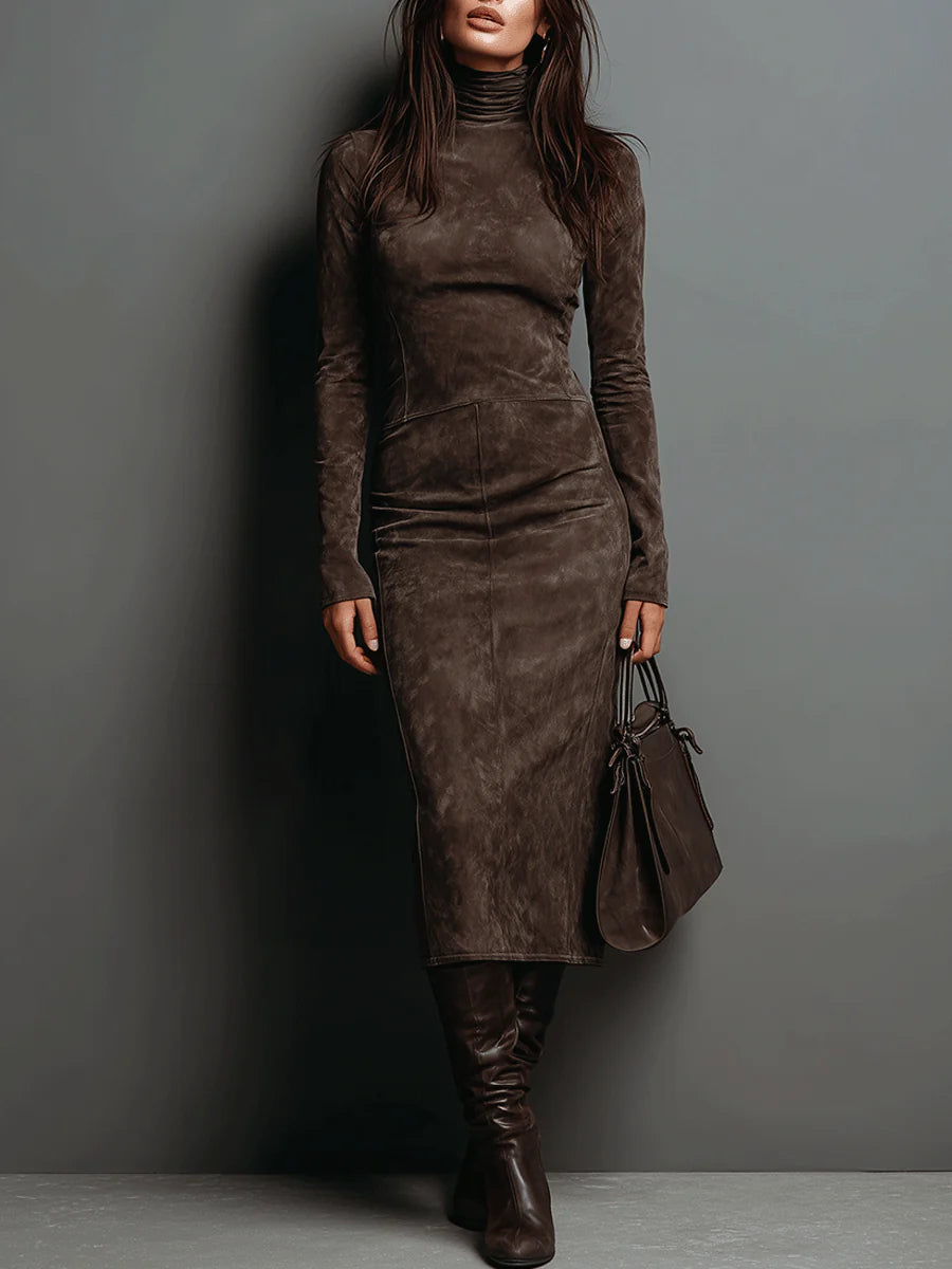 Renata | Vestido midi café efecto gamuza