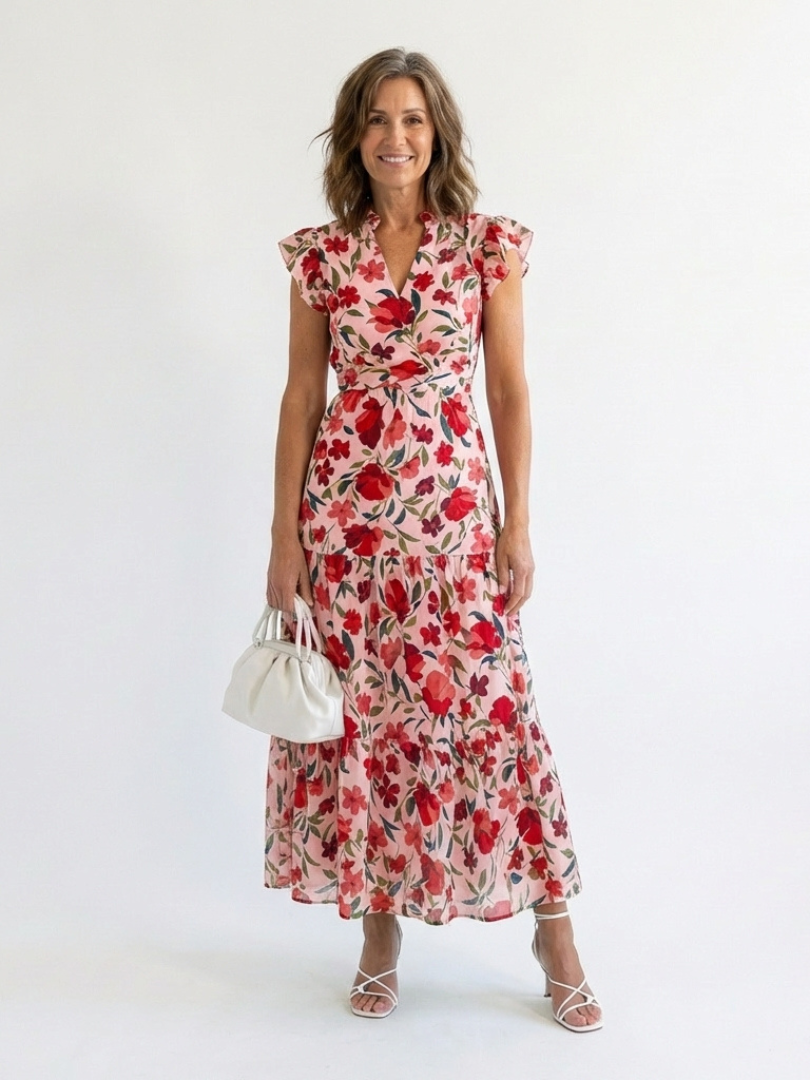 Lila | Vestido midi con cuello en V y volantes, con estampado floral