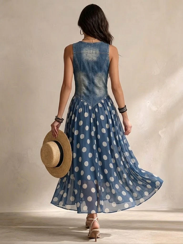 Andrea | Vestido largo de mezclilla con bolitas