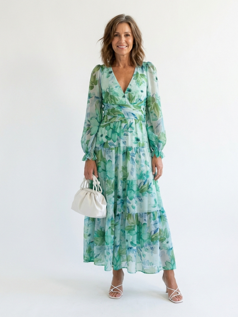 Olivia | Vestido largo de manga larga con estampado floral