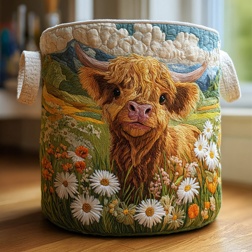 Cesto acolchado con vaca Highland rodeada de flores