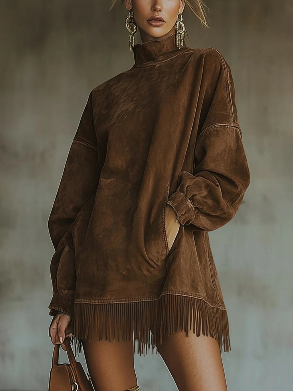 Citlali | Vestido efecto gamuza con cuello alto y flecos