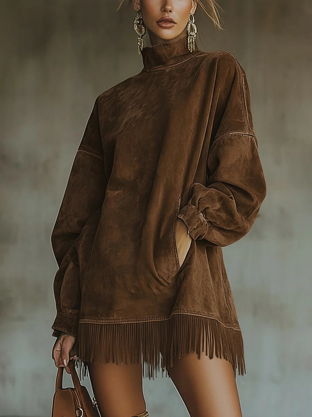 Citlali | Vestido efecto gamuza con cuello alto y flecos