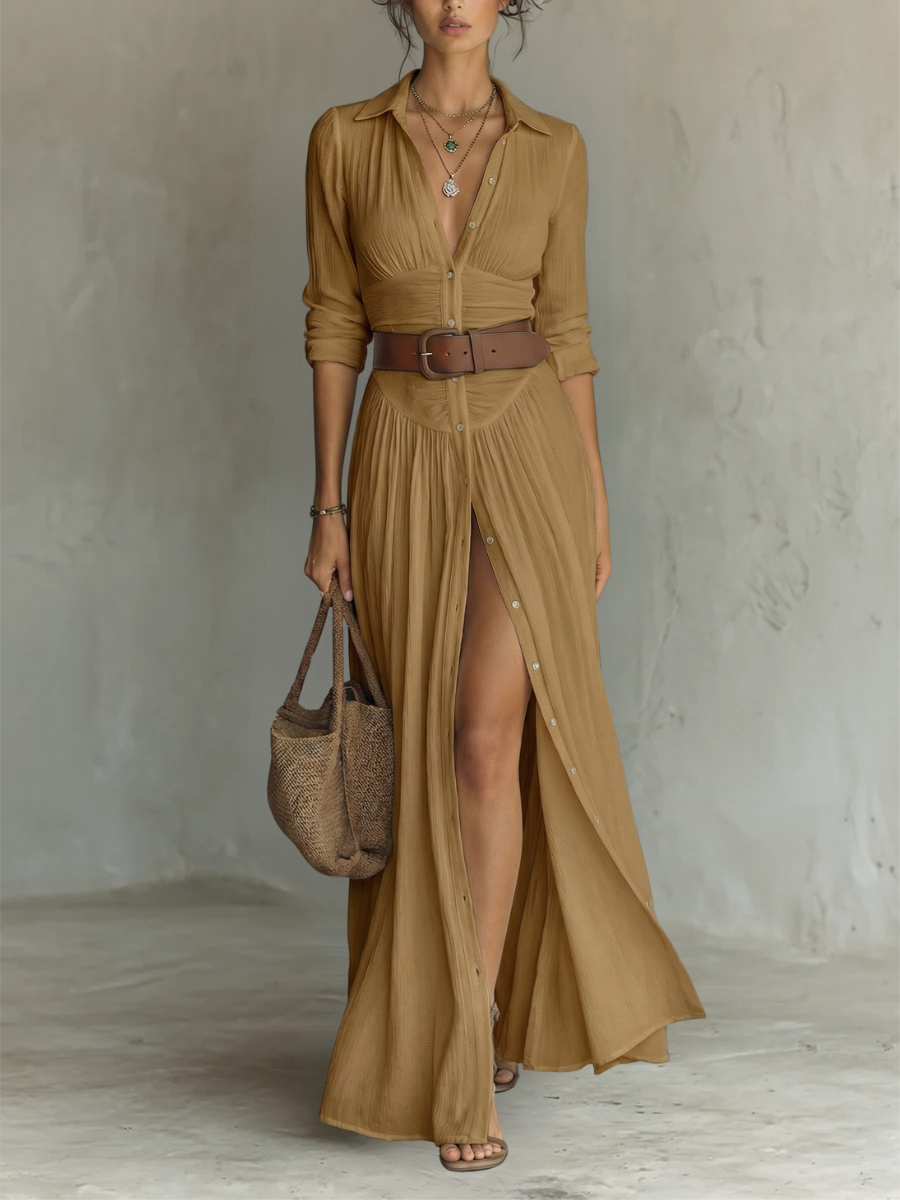 Natalia | Vestido maxi de lino con cuello camisero