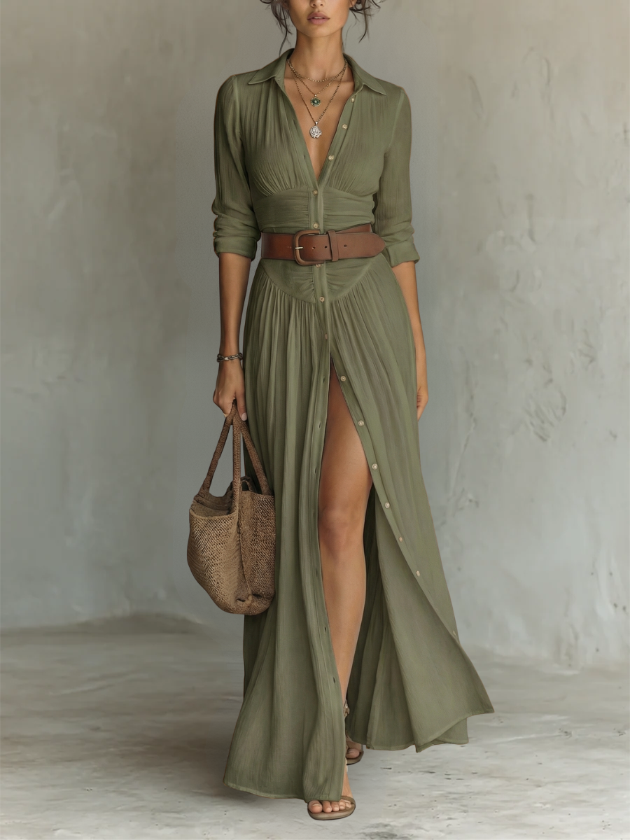 Natalia | Vestido maxi de lino con cuello camisero