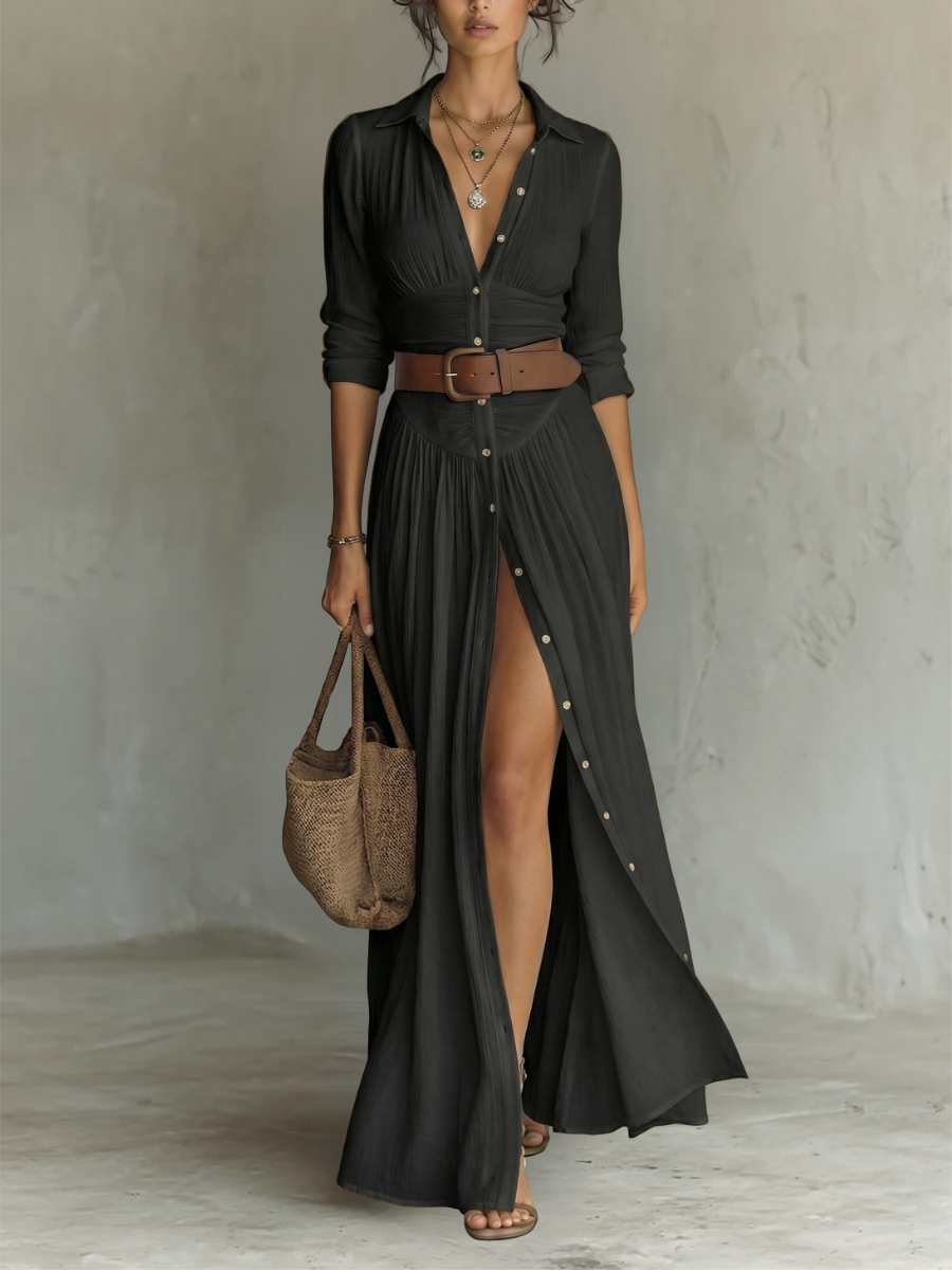 Natalia | Vestido maxi de lino con cuello camisero