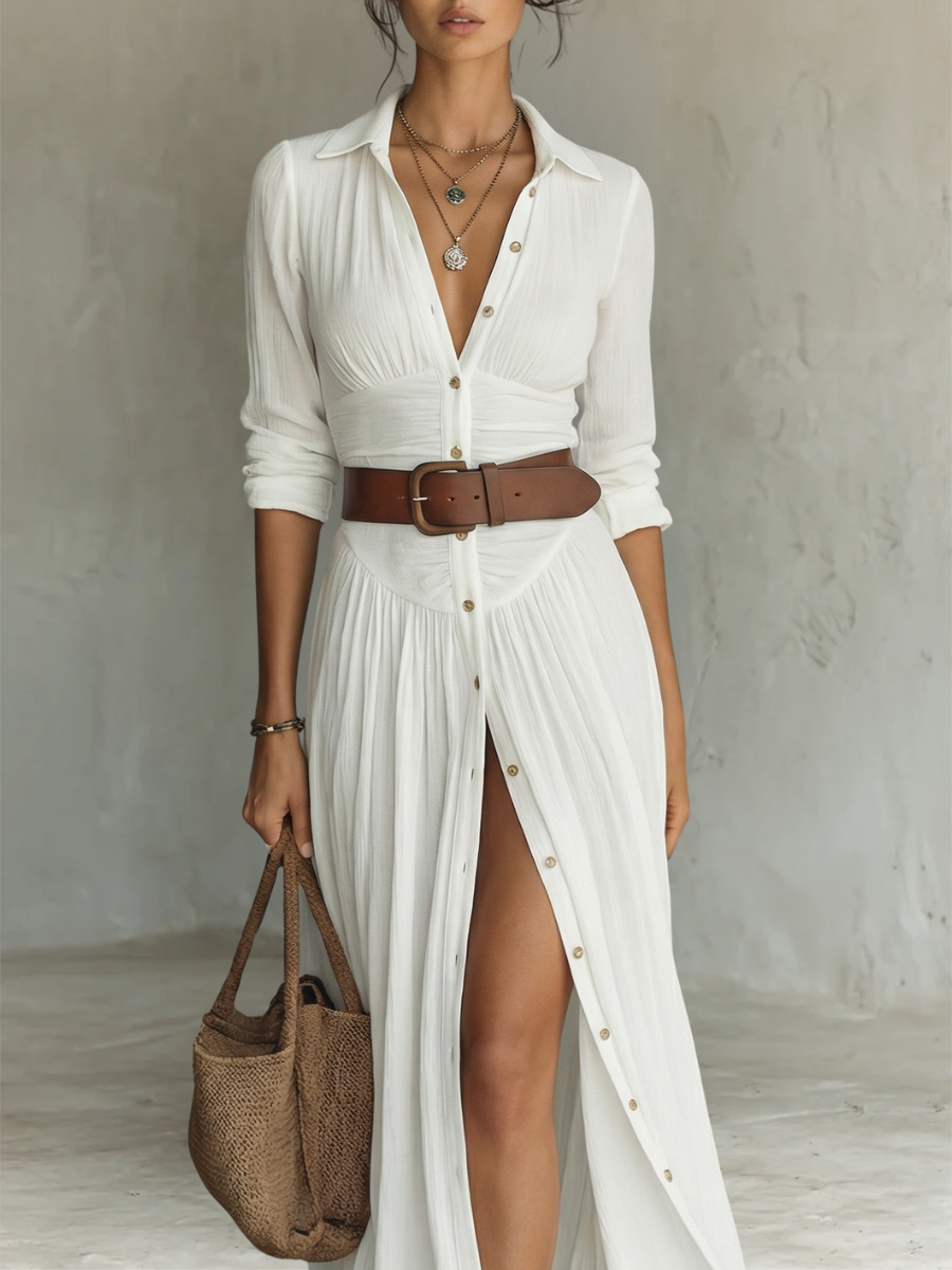 Natalia | Vestido maxi de lino con cuello camisero