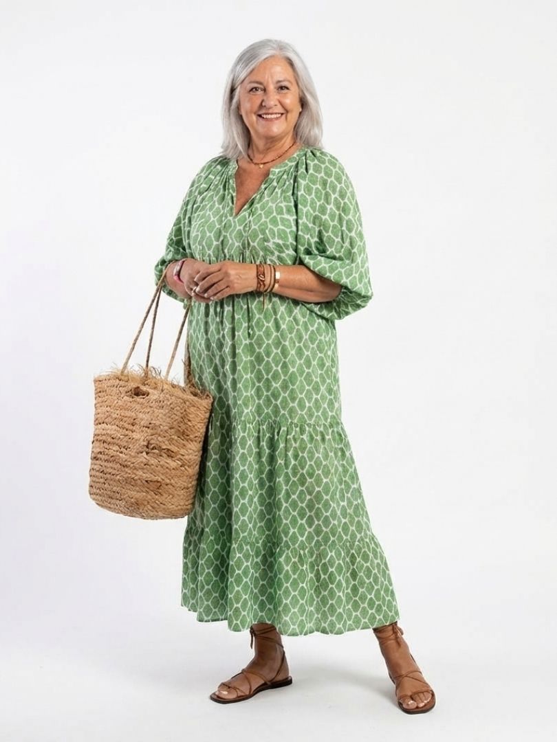 Gala | Vestido midi estampado con cuello en V y mangas tres cuartos