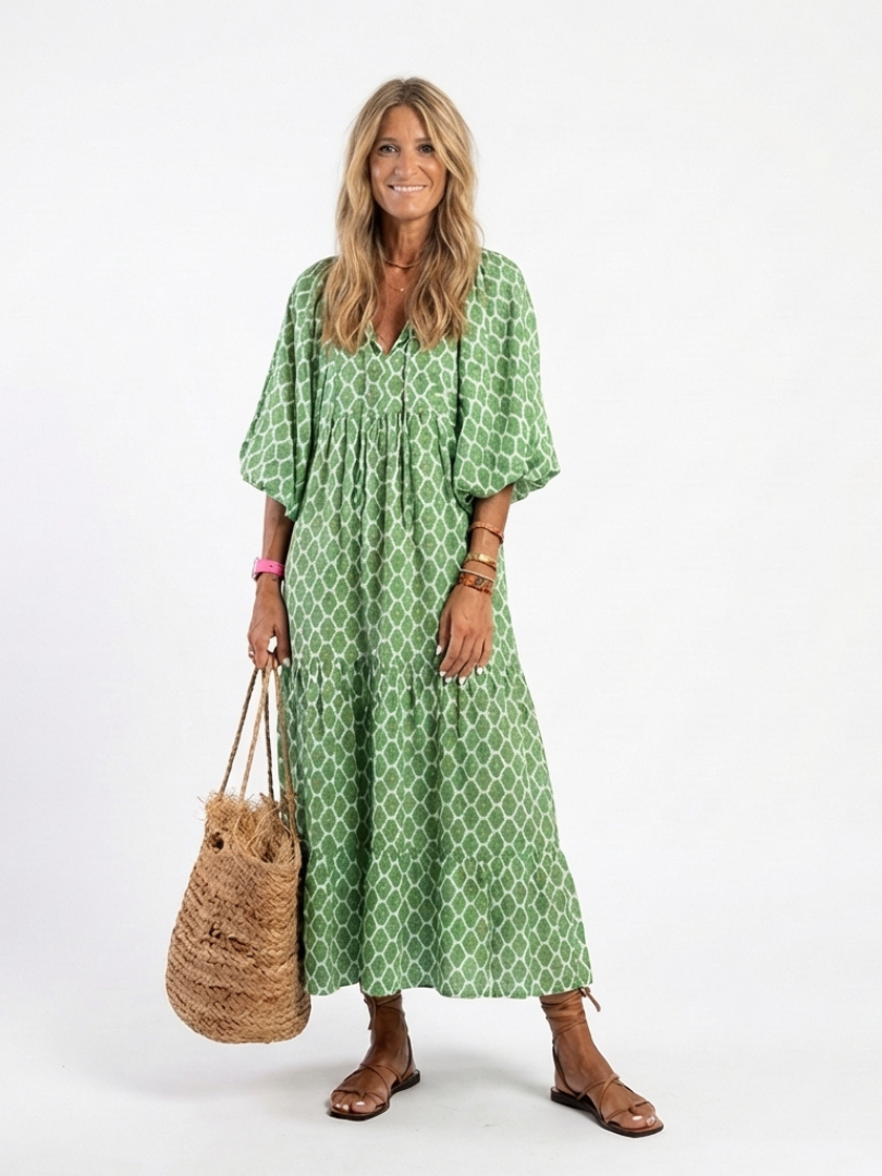 Gala | Vestido midi estampado con cuello en V y mangas tres cuartos