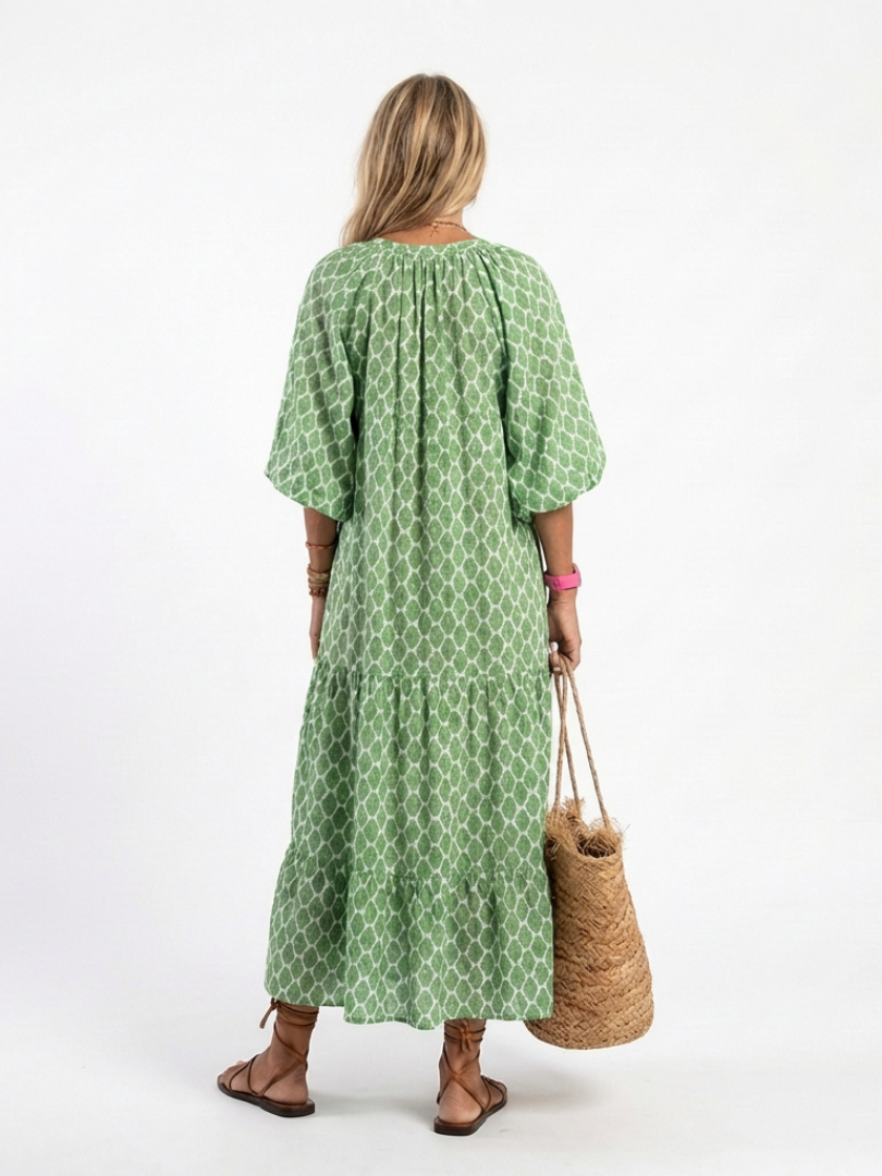 Gala | Vestido midi estampado con cuello en V y mangas tres cuartos