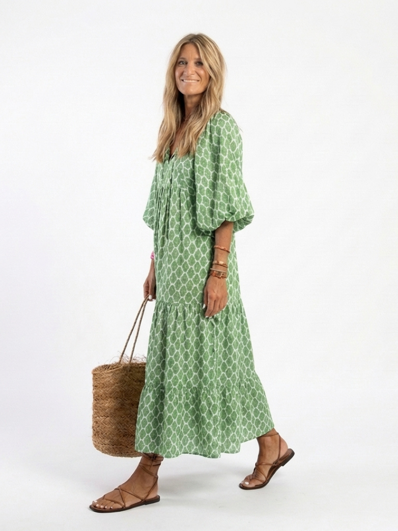Gala | Vestido midi estampado con cuello en V y mangas tres cuartos