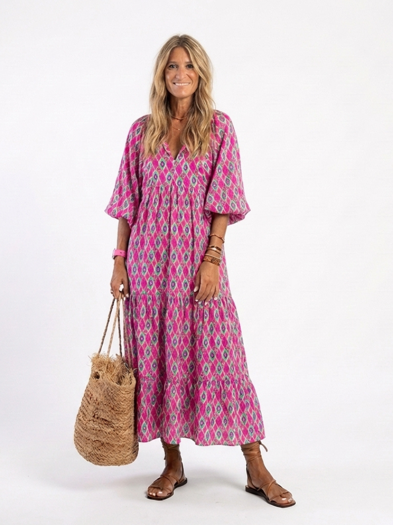 Gala | Vestido midi estampado con cuello en V y mangas tres cuartos
