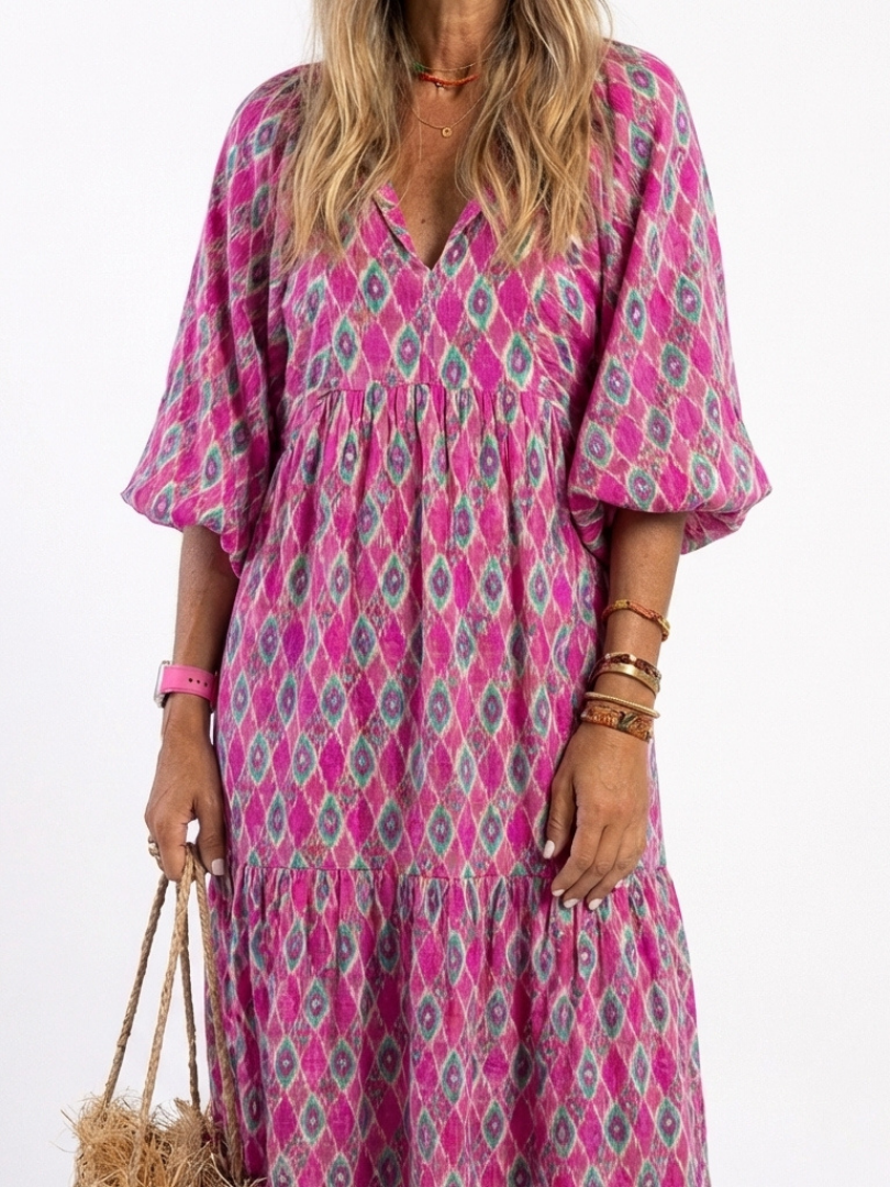 Gala | Vestido midi estampado con cuello en V y mangas tres cuartos