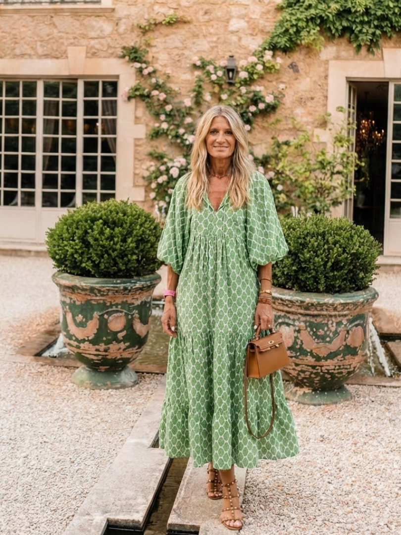 Gala | Vestido midi estampado con cuello en V y mangas tres cuartos