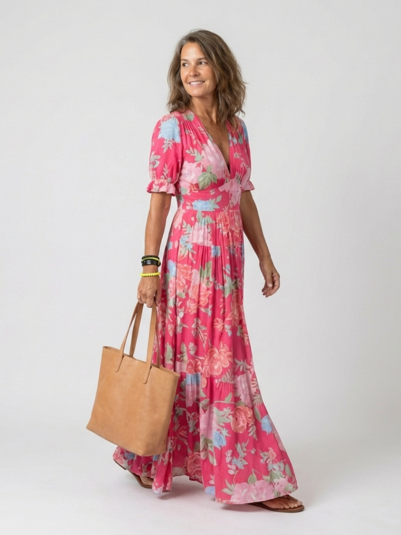 Carlota | Vestido midi floral de manga corta y cuello en V