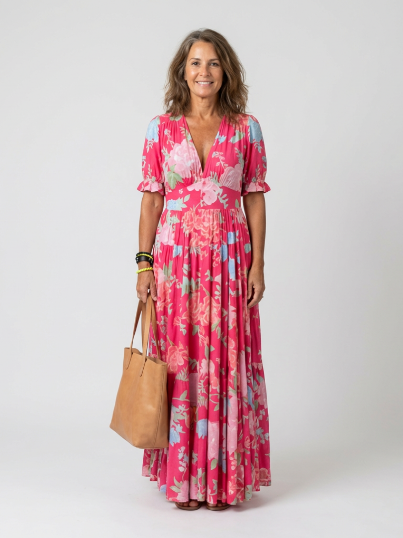 Carlota | Vestido midi floral de manga corta y cuello en V