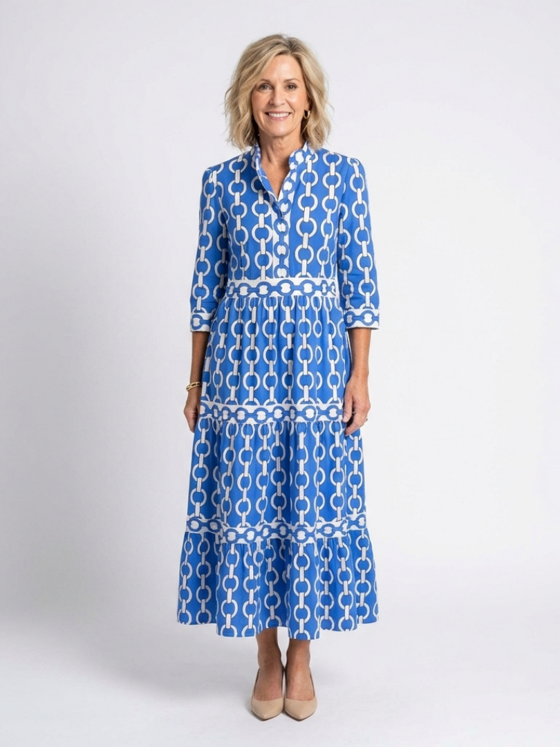 Martina | Vestido midi con estampado de cadenas y mangas tres cuartos