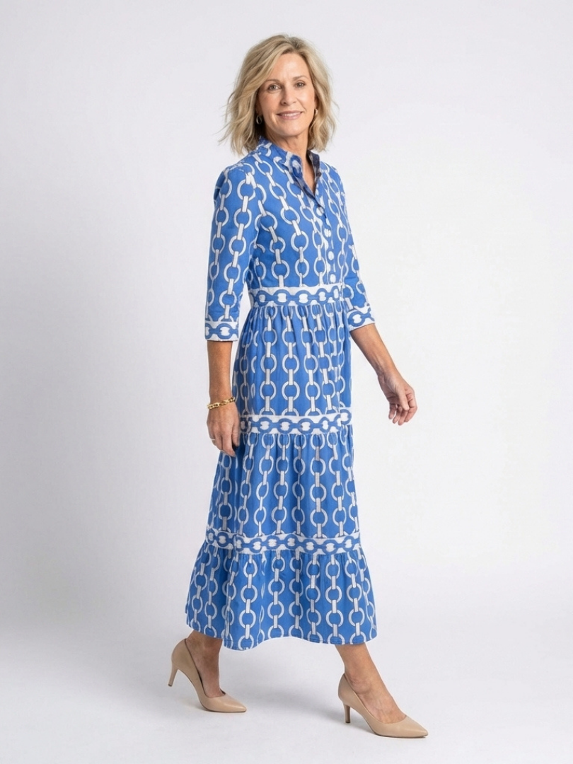 Martina | Vestido midi con estampado de cadenas y mangas tres cuartos