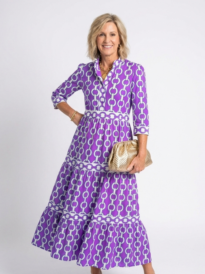 Martina | Vestido midi con estampado de cadenas y mangas tres cuartos