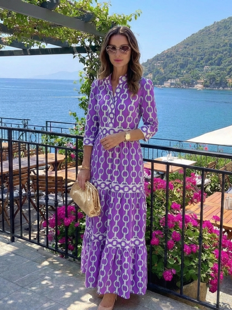 Martina | Vestido midi con estampado de cadenas y mangas tres cuartos