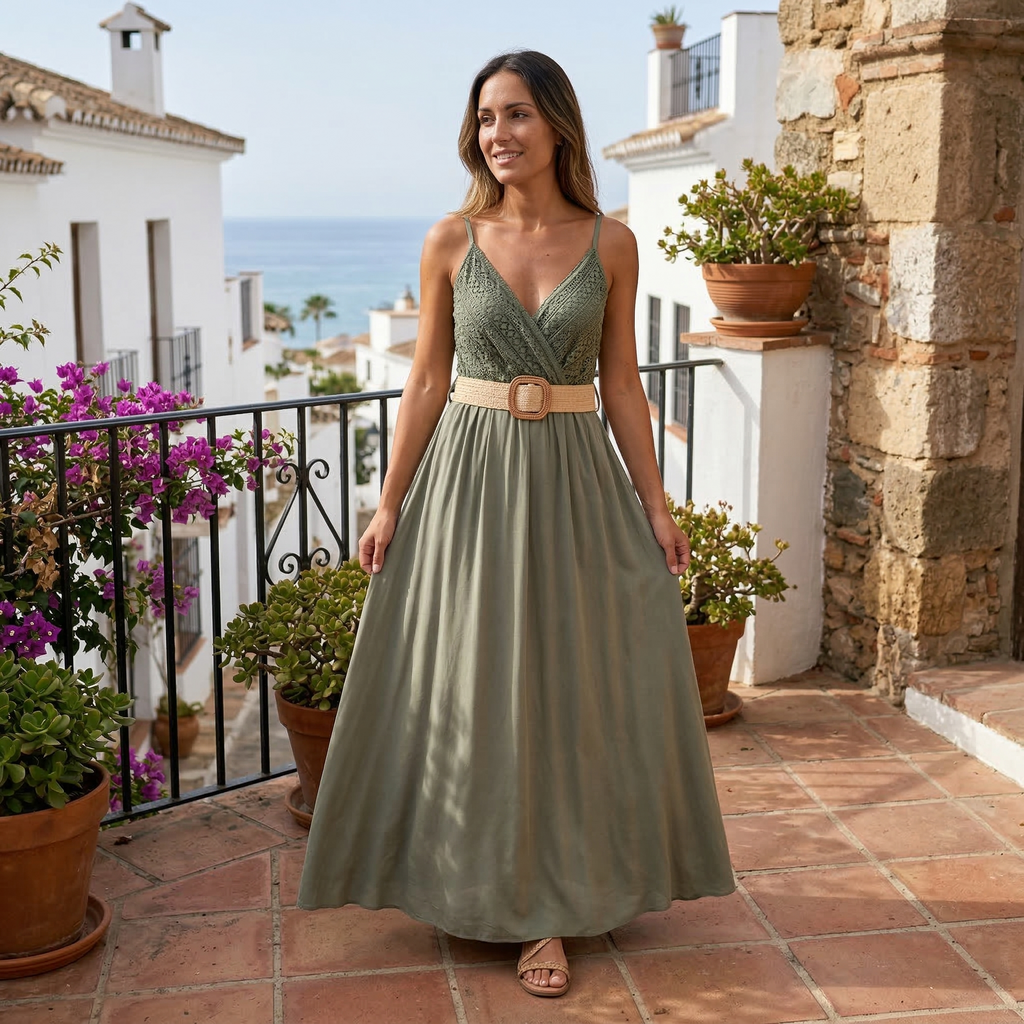 Elena | Vestido largo liso con pecho de encaje