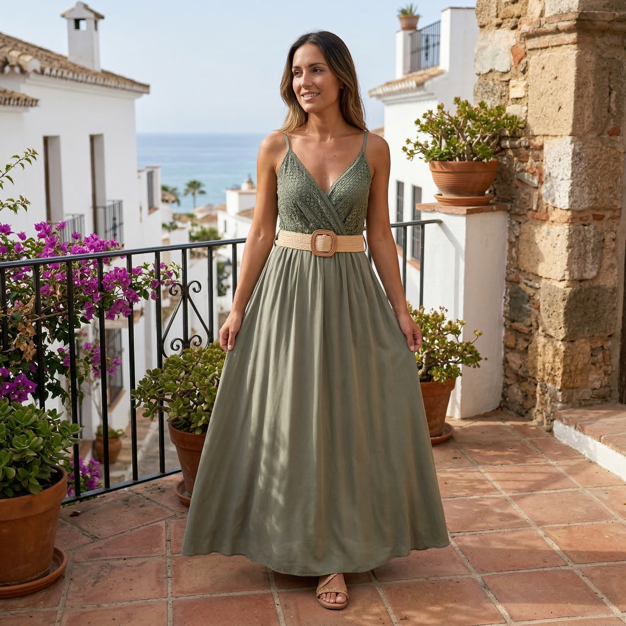 Elena | Vestido largo liso con pecho de encaje