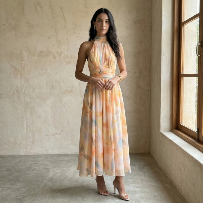 Aura | Vestido estampado con cuello Halter y cintura ajustable