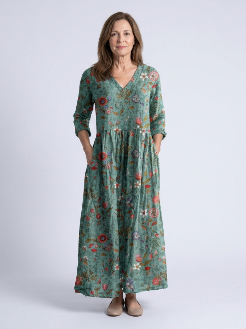 Marina | Vestido largo con estampado floral, cuello en V y mangas tres cuartos