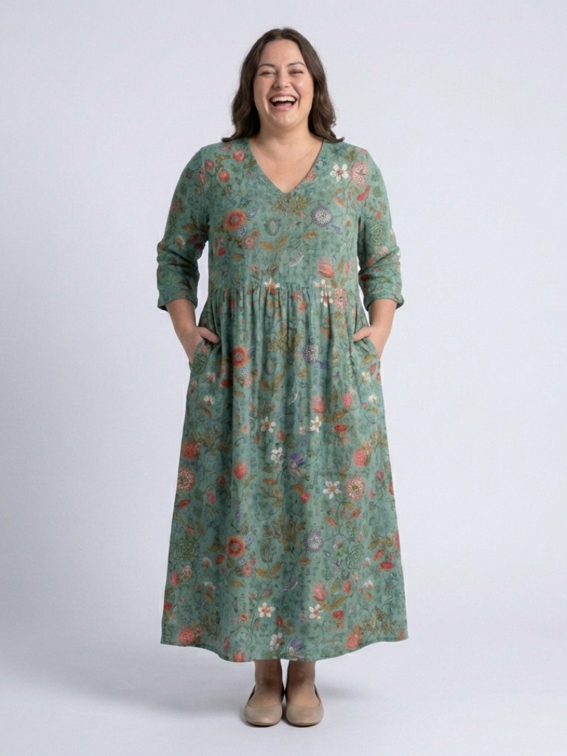 Marina | Vestido largo con estampado floral, cuello en V y mangas tres cuartos