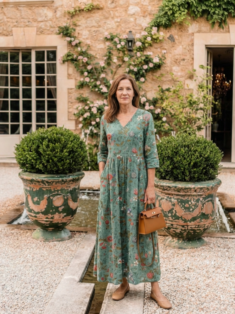 Marina | Vestido largo con estampado floral, cuello en V y mangas tres cuartos