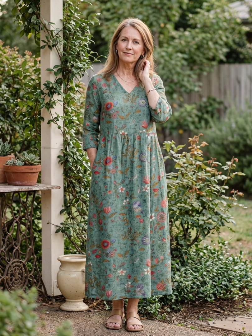 Marina | Vestido largo con estampado floral, cuello en V y mangas tres cuartos