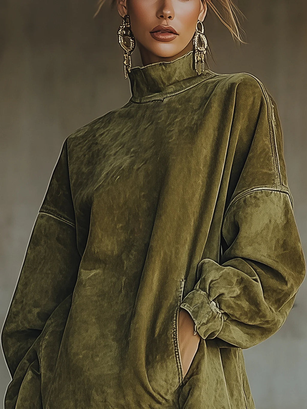 Citlali | Vestido efecto gamuza con cuello alto y flecos