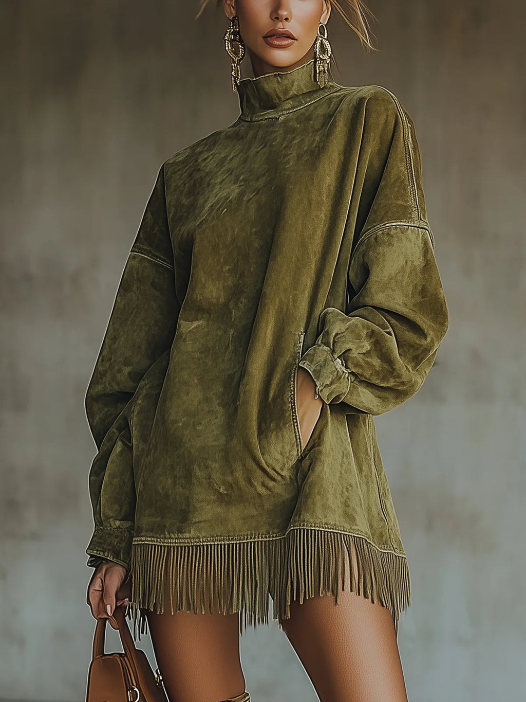 Citlali | Vestido efecto gamuza con cuello alto y flecos