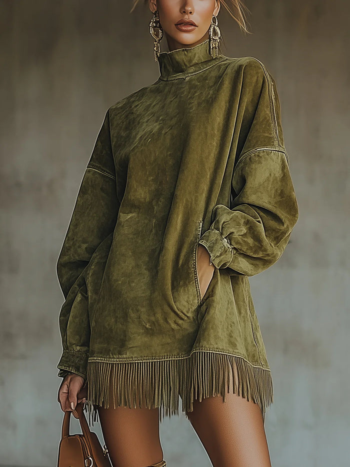 Citlali | Vestido efecto gamuza con cuello alto y flecos