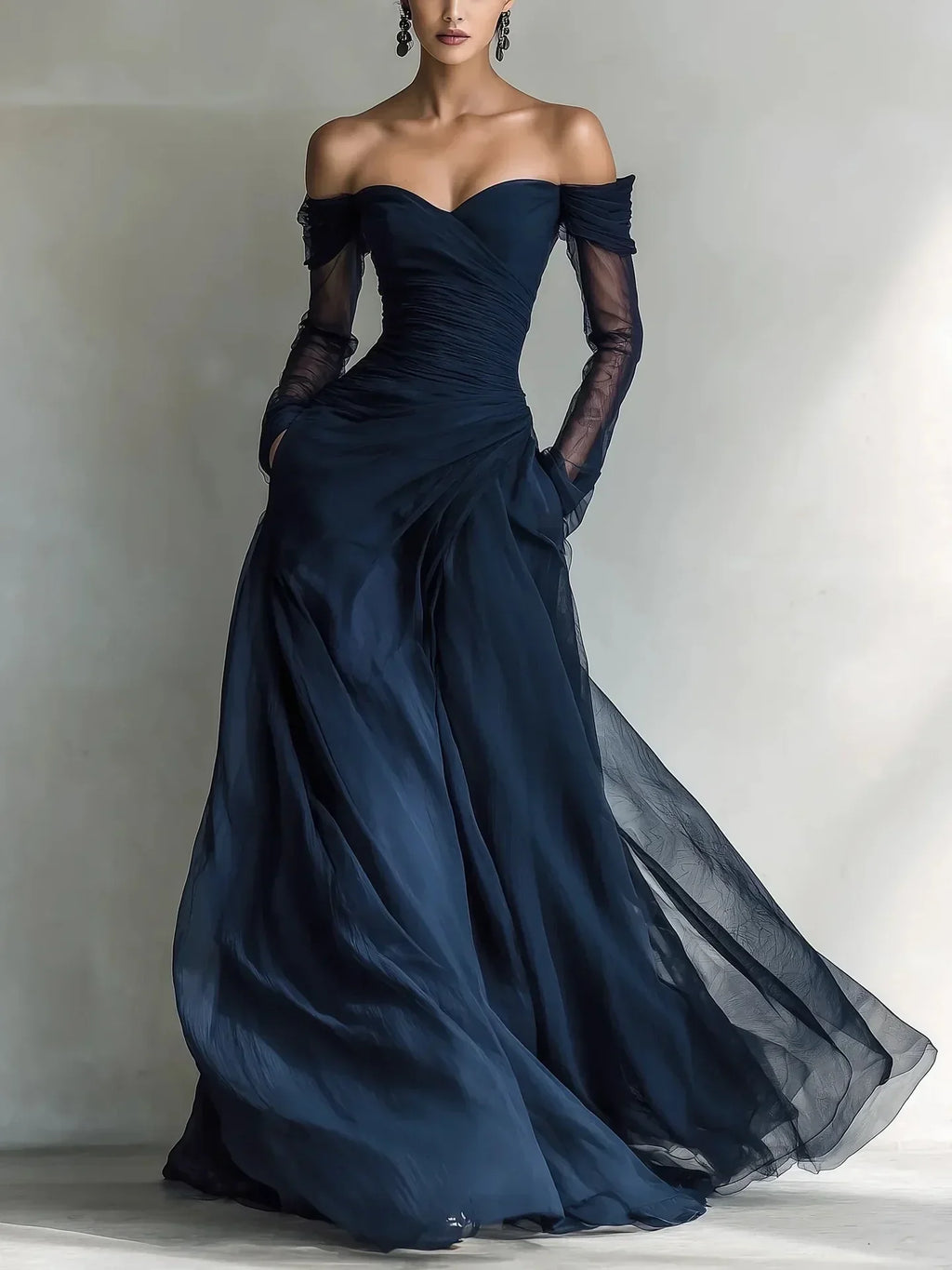 Verónica | Vestido largo de hombros descubiertos con malla