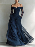 Verónica | Vestido largo de hombros descubiertos con malla