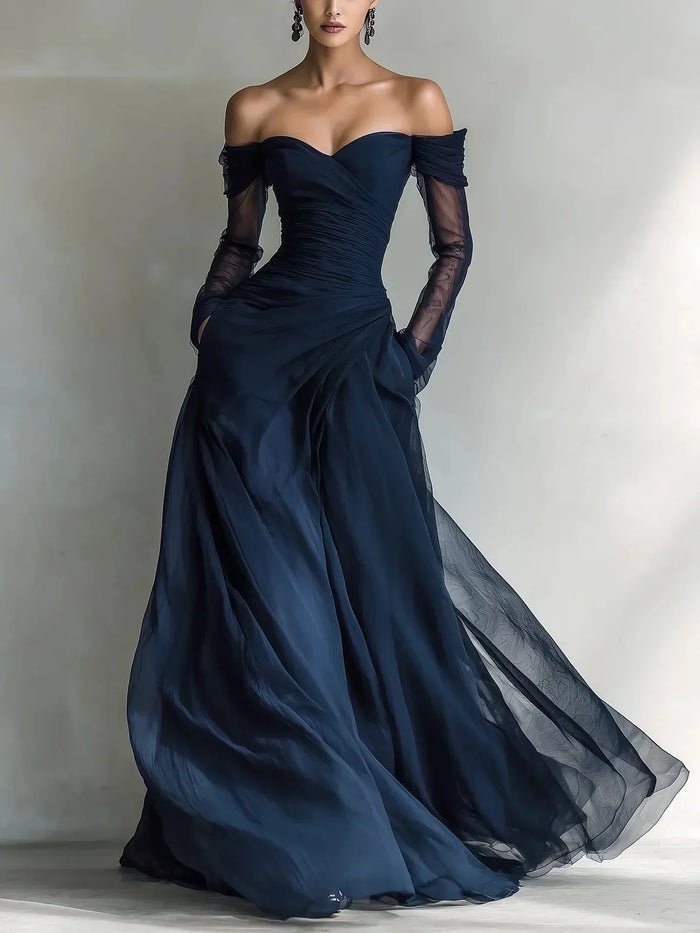 Verónica | Vestido largo de hombros descubiertos con malla