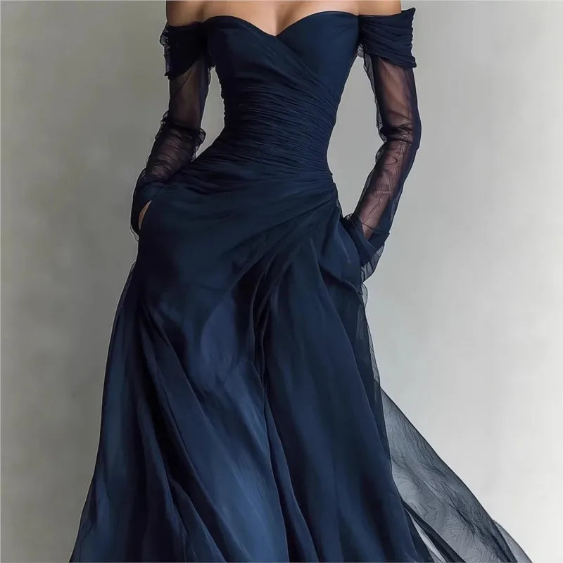Verónica | Vestido largo de hombros descubiertos con malla