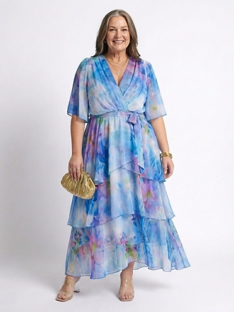 Iris | Vestido largo con cuello en V, capas transparentes y cinturilla atada