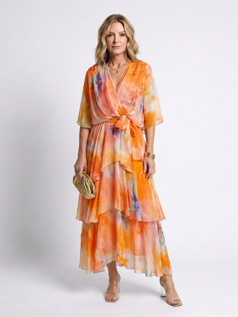 Iris | Vestido largo con cuello en V, capas transparentes y cinturilla atada
