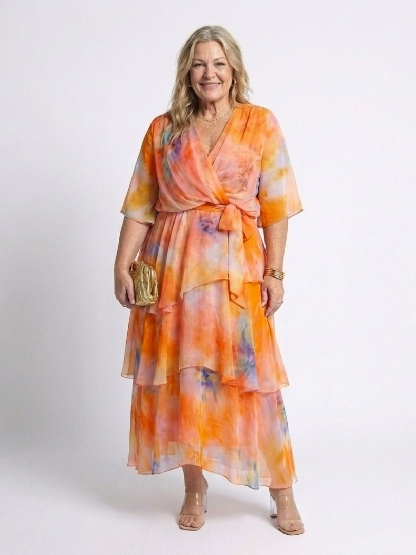 Iris | Vestido largo con cuello en V, capas transparentes y cinturilla atada
