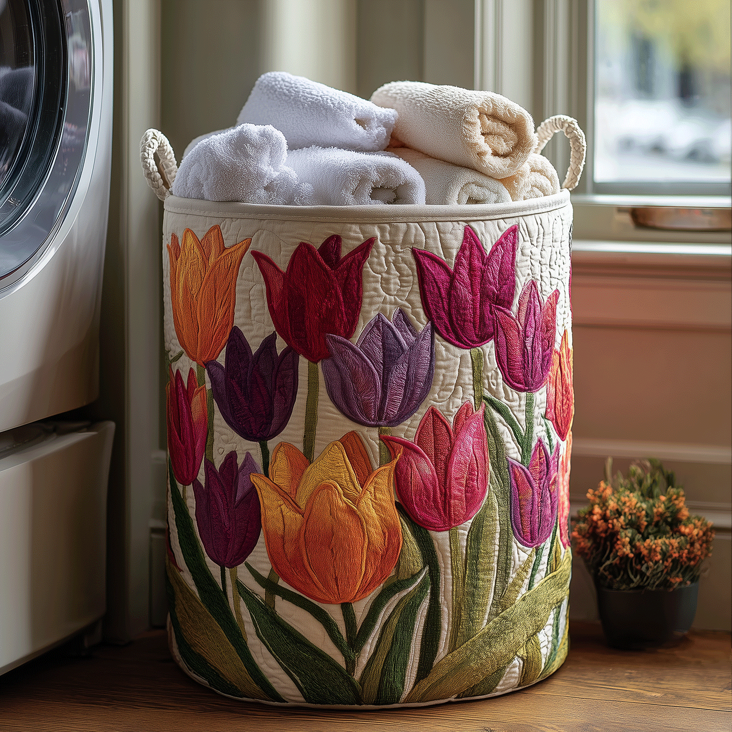 Cesto acolchado con tulipanes en flor