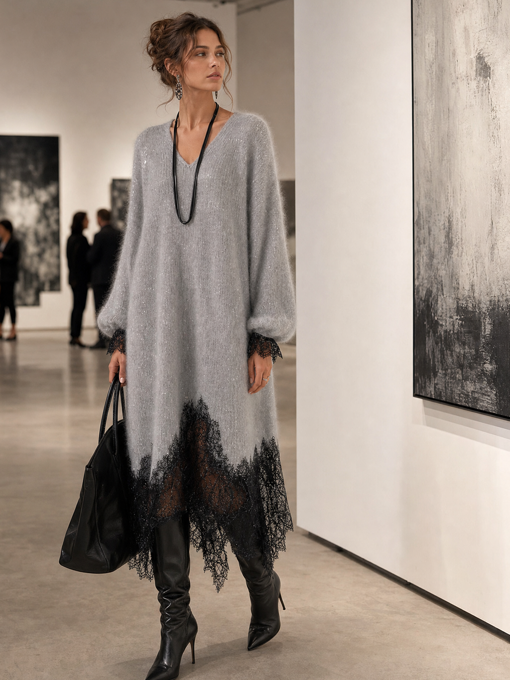 Paloma | Vestido midi gris de punto con encaje
